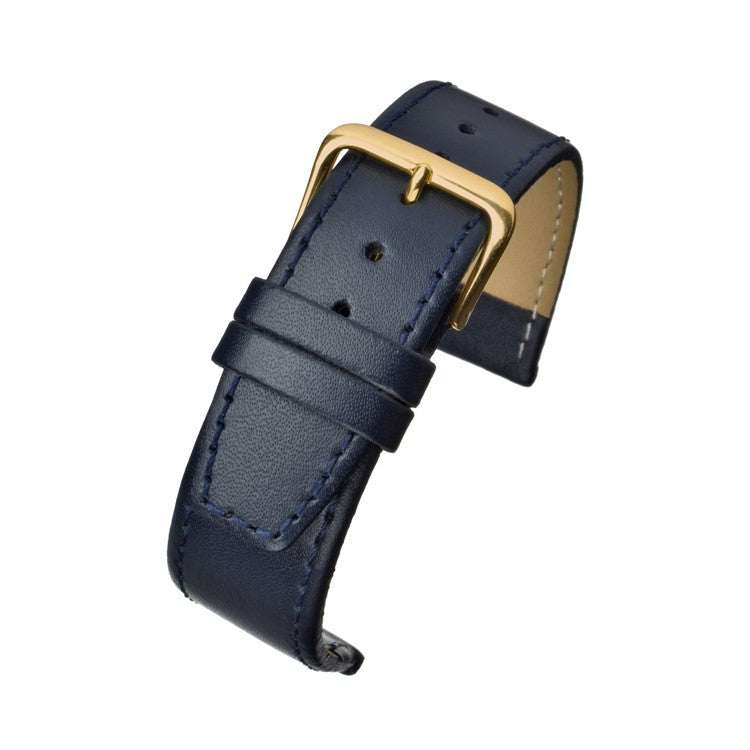 Plain stitched leather watch strap with square end and gold buckle.