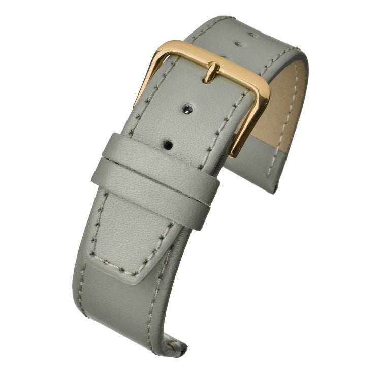 Modern plain stitched leather watch strap with square end and gold buckle.