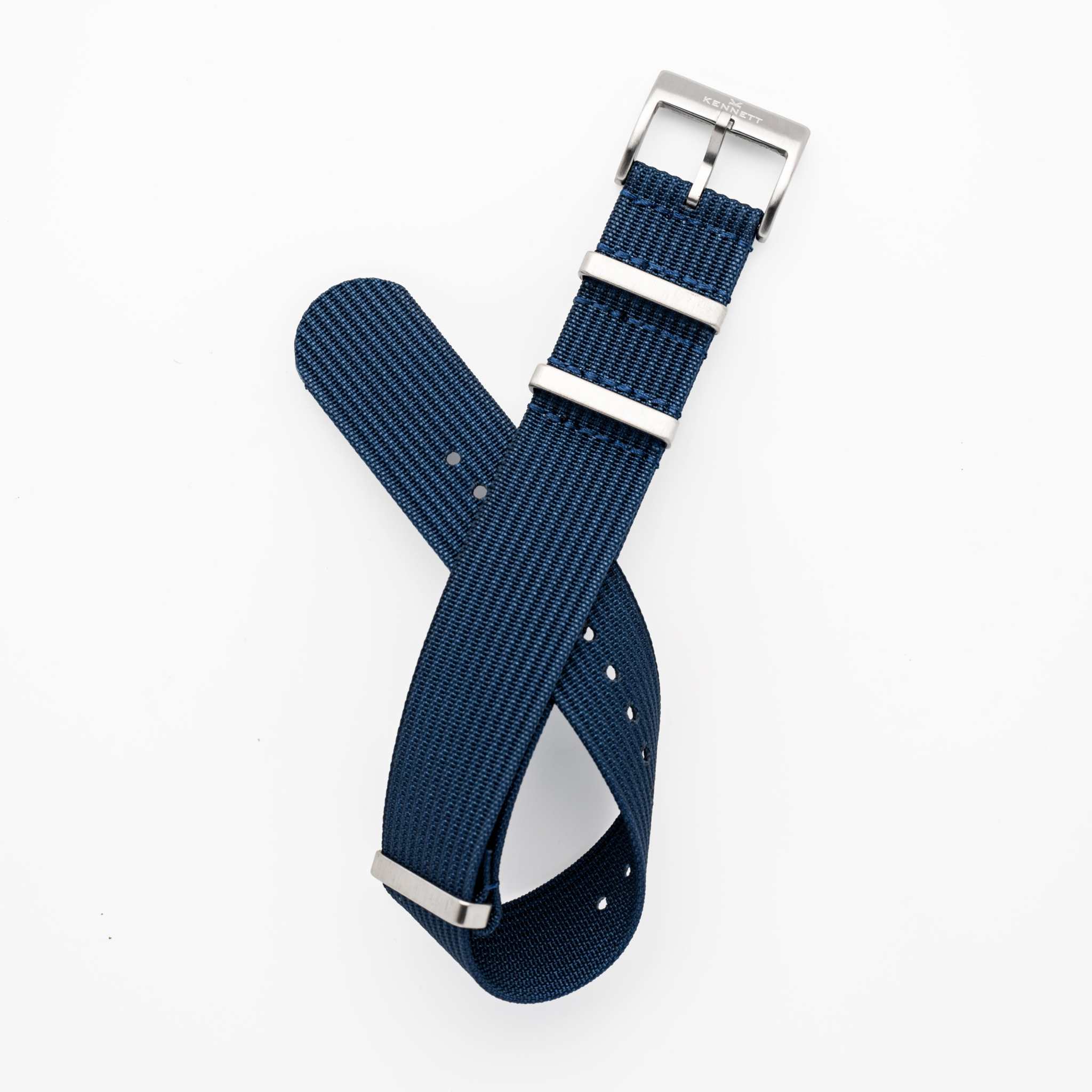 Kennett Nylon Watch Strap with stainless steel buckle, ribbed design, 22mm width, in blue.