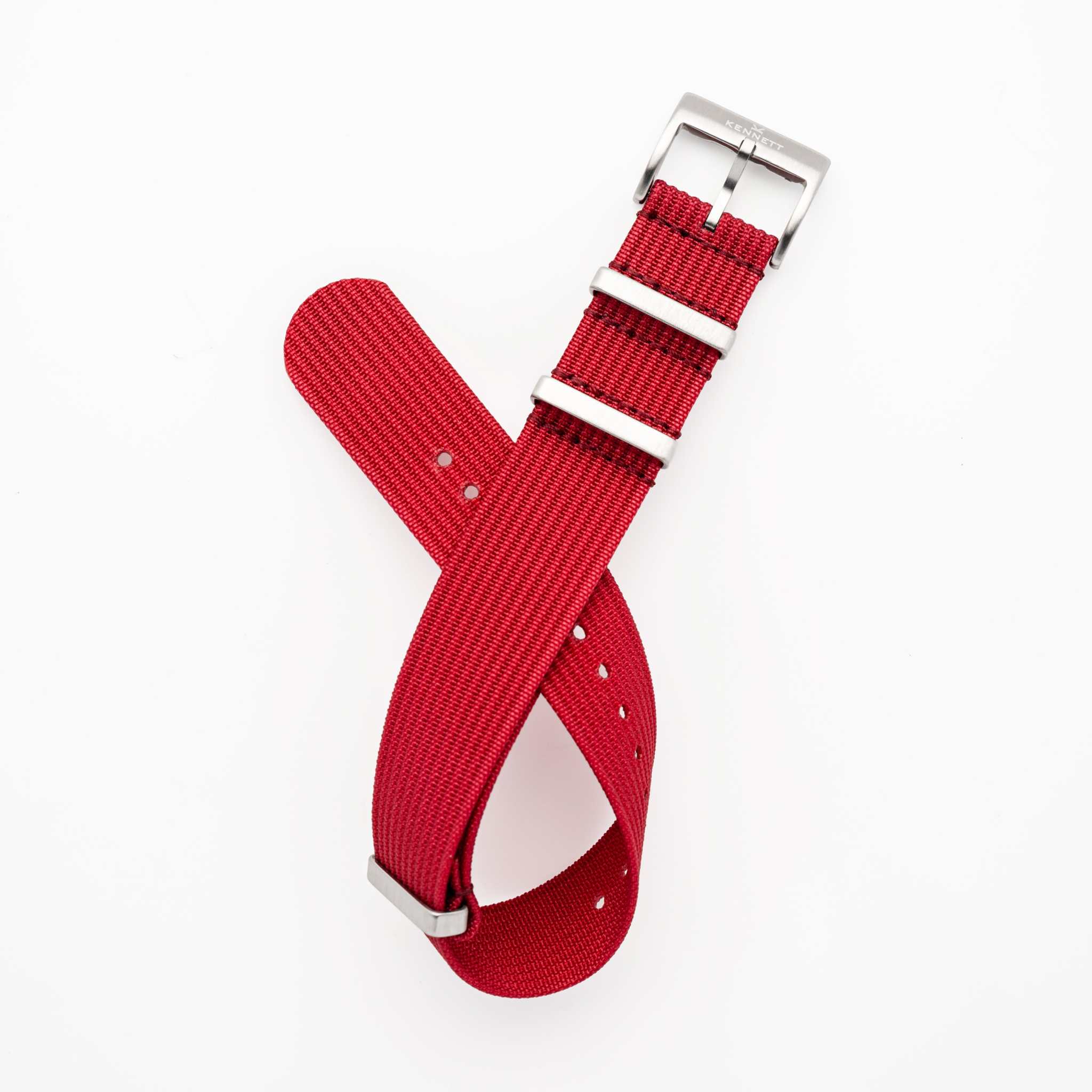 Red Kennett Ribbed Nylon NATO watch strap with stainless steel buckle, 22mm width, durable and stylish.