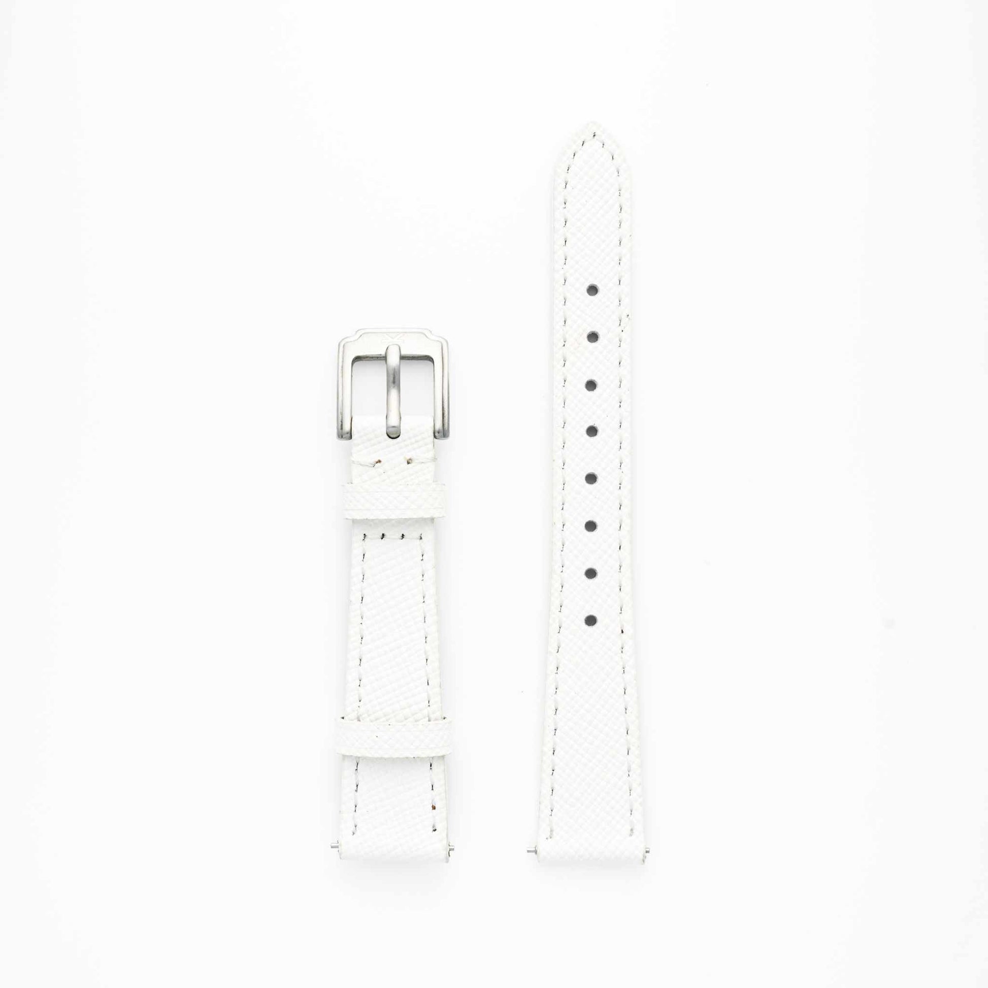 White Saffiano 16MM leather watch strap with quick release and stainless steel buckle.