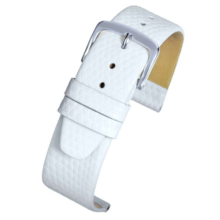 Flat lizard grain watch strap in white with classic buckle, vintage style.