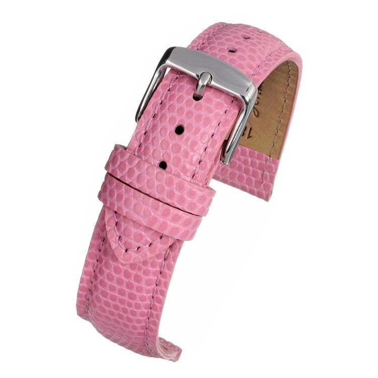 Pink lizard grain watch strap with padded design and nubuck lining, available in sizes 12mm-18mm.