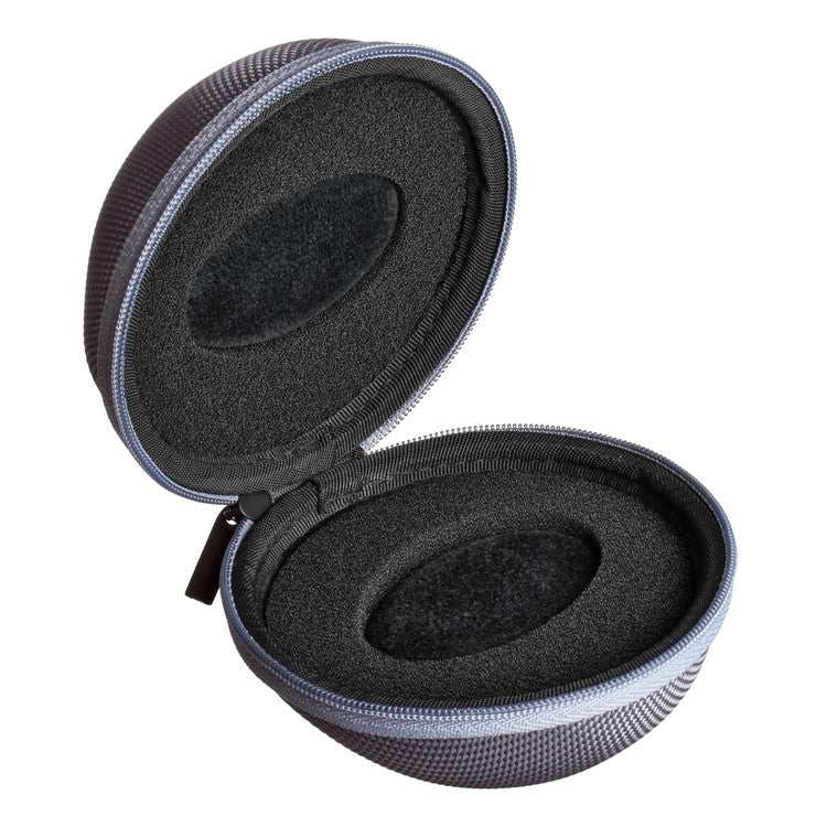 Round watch travel case with zip closure and foam inserts for protection.