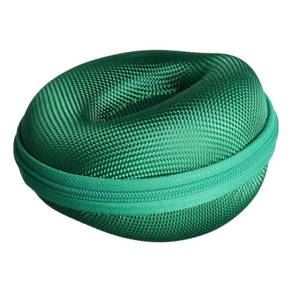 Round green watch travel case with zip closure and textured exterior for durable protection.
