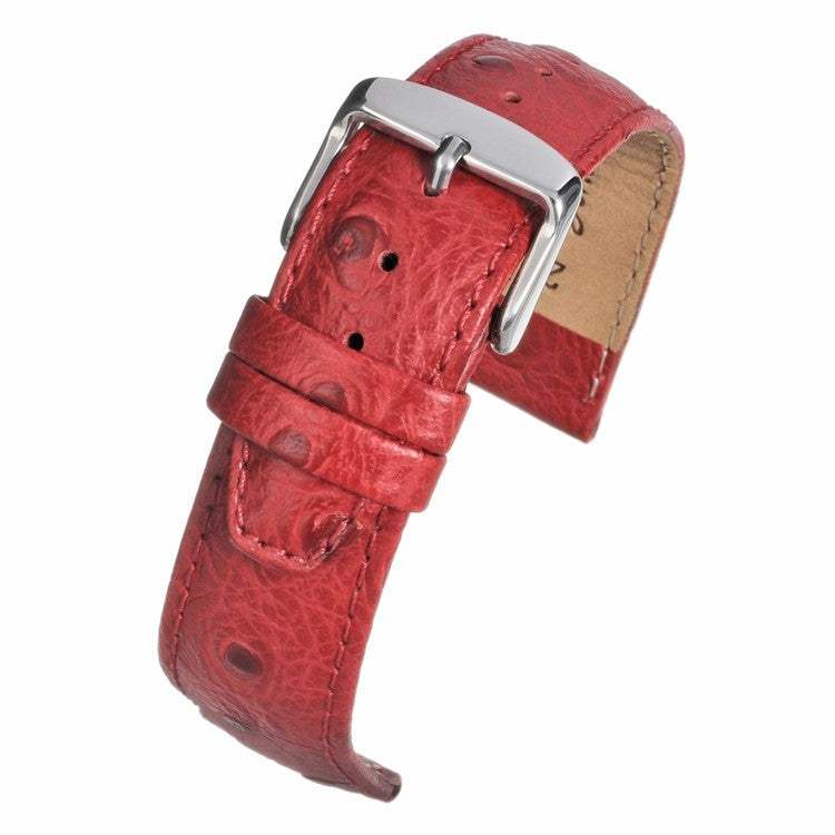 Vibrant red ostrich grain leather watch strap with stainless steel buckle and quill texture.