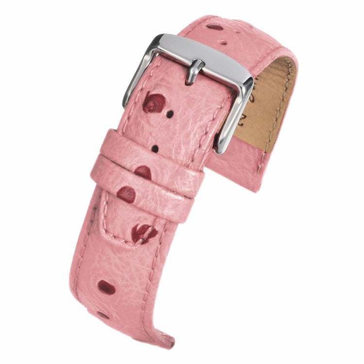 Vibrant pink ostrich grain leather watch strap with stainless steel buckle.