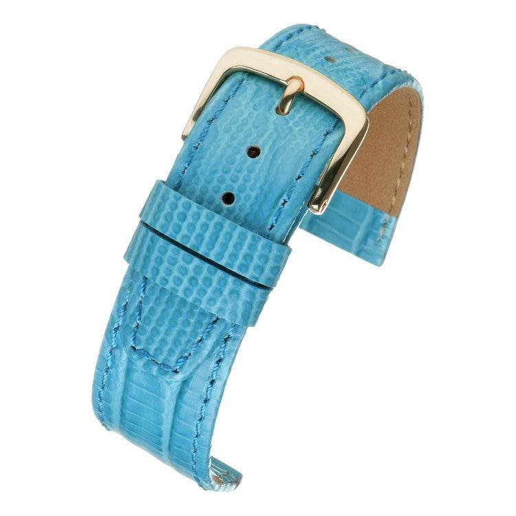 Teju Lizard Leather Watch Strap in blue with asymmetrical lizard grain pattern and gold buckle, vintage style.