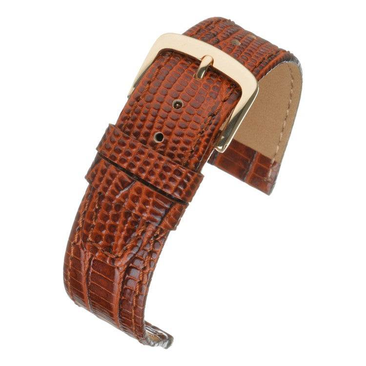 Teju lizard leather watch strap with asymmetrical pattern and gold buckle, suitable for vintage watches.