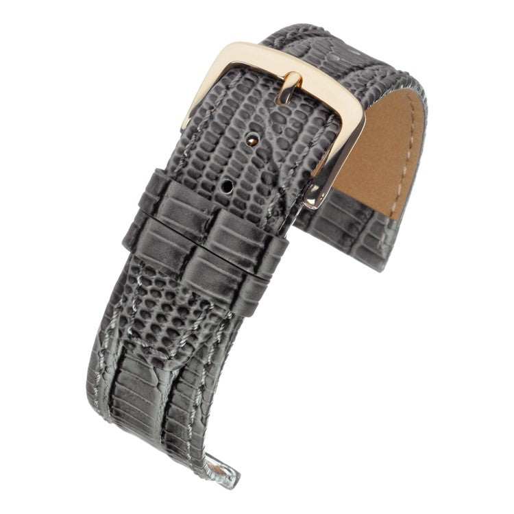 Teju Lizard Leather Watch Strap with asymmetrical pattern and gold buckle.