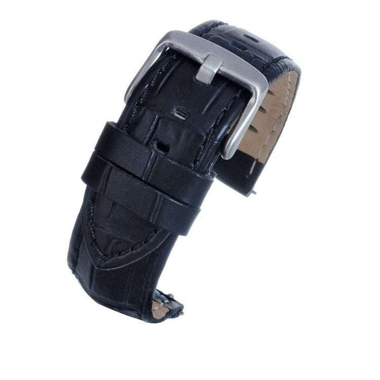 Black alligator grain watch strap with bold bright stitch and quick release mechanism.
