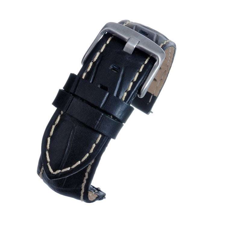 Black alligator grain watch strap with bold stitching, featuring quick release and perforated lining for breathability.