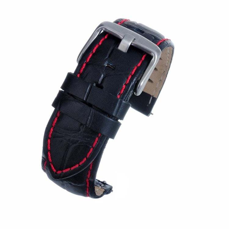 Black alligator grain watch strap with bold bright stitching and quick release.
