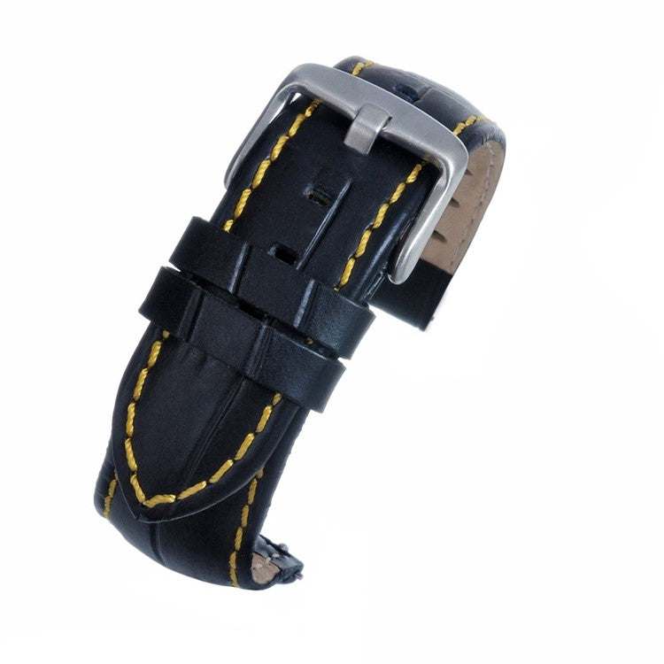 Black sports alligator grain watch strap with bold yellow stitching and quick release.