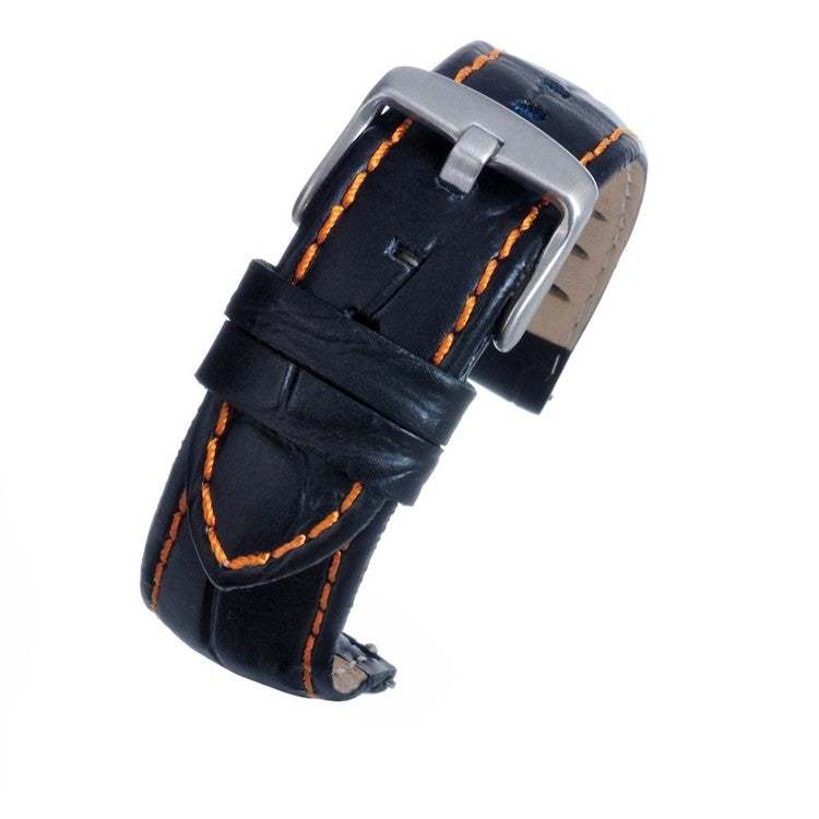 Black alligator grain watch strap with bold stitching and quick release feature.
