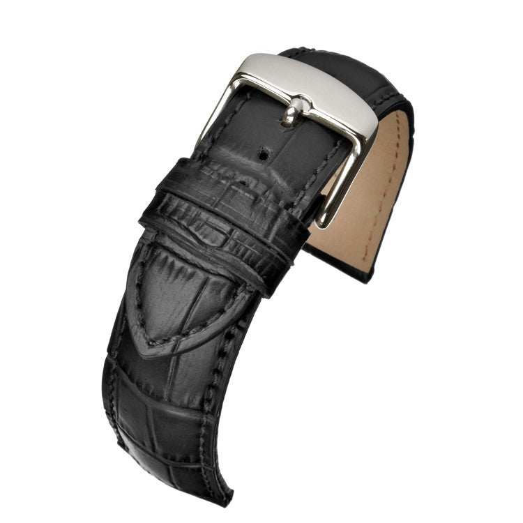 Matte alligator grain leather watch strap with polished stainless steel buckle.