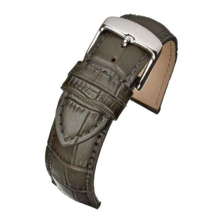 Superior matte alligator grain leather watch strap with polished stainless steel buckle.