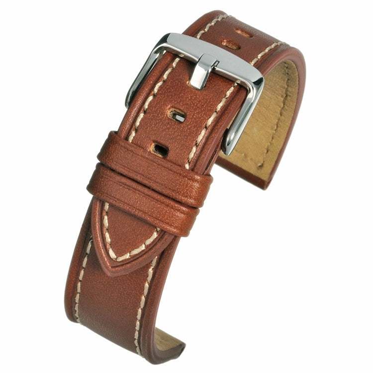 Chunky modern cut edge watch strap with contrast stitching and polished stainless steel buckle.