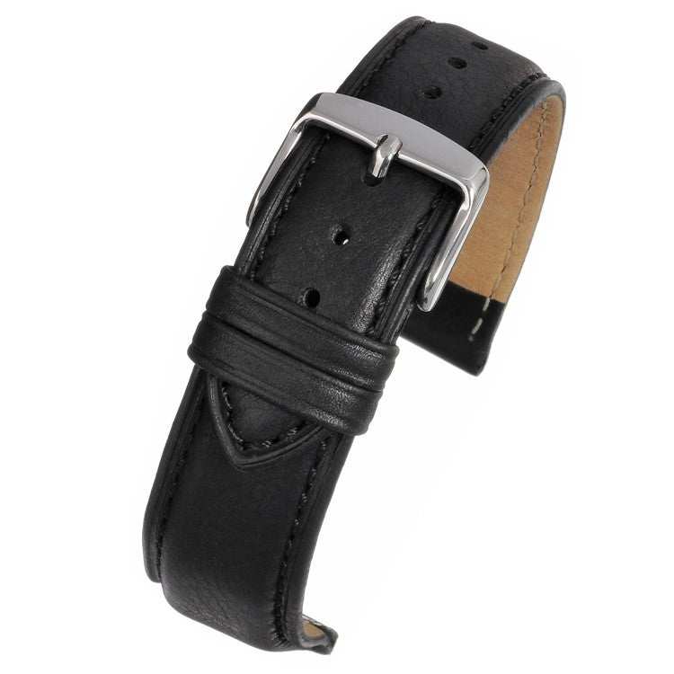 Padded leather watch strap with color stitching and stainless steel buckle.