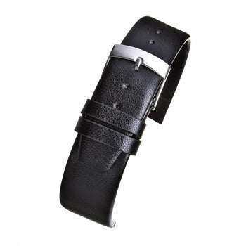 Eco-friendly black apple fibre watch strap with polished silver buckle.