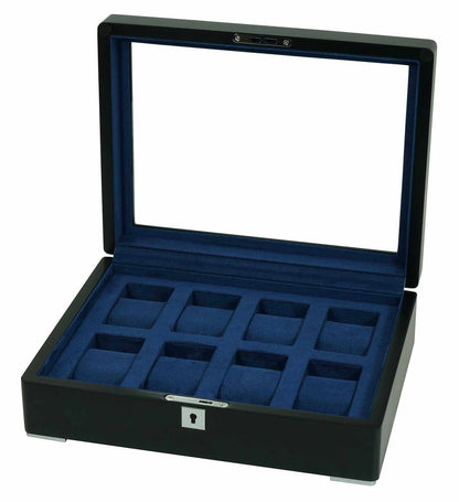8 Slot Black Wooden Watch Box with Blue Velvet Lining watch boxKennett Great Britain