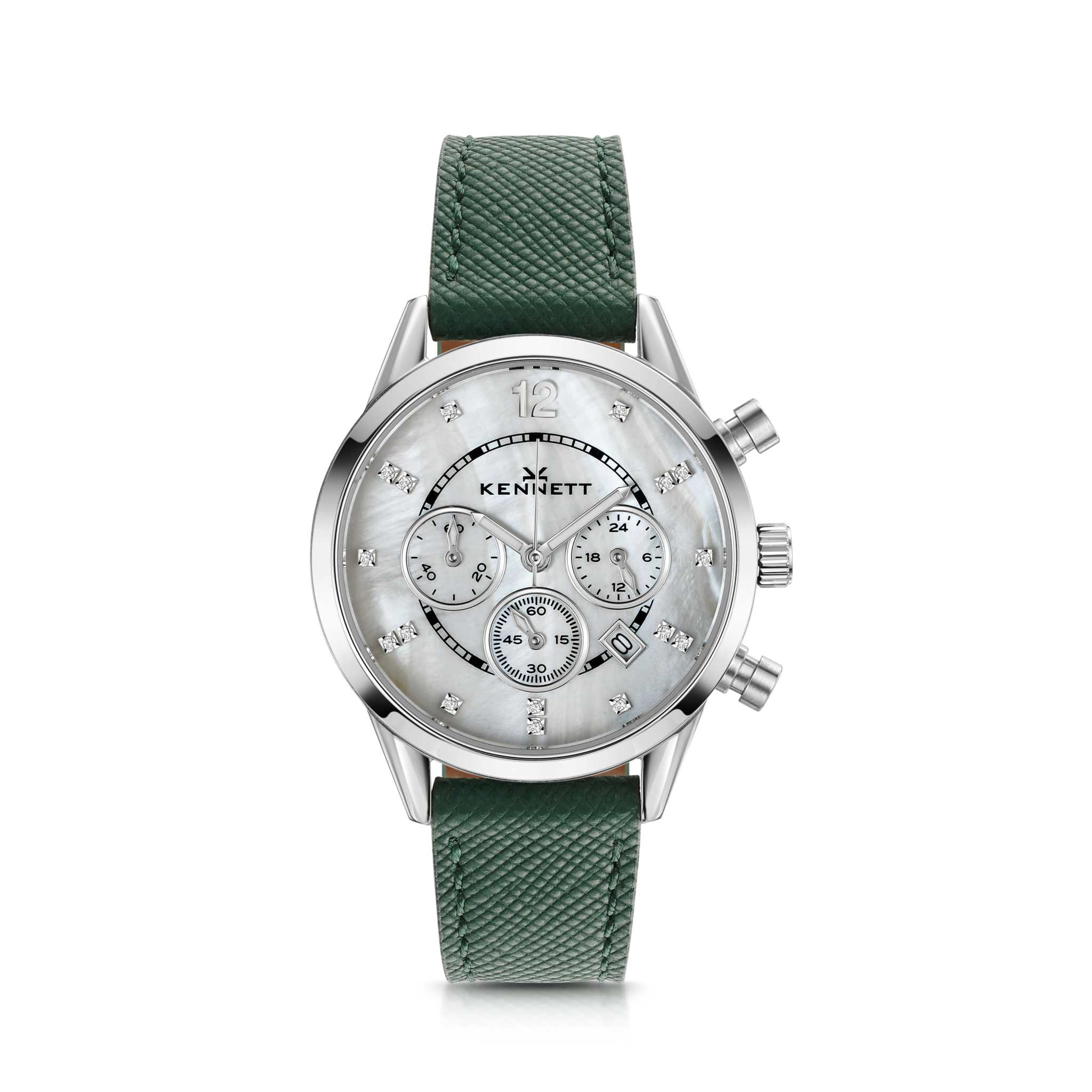 Kennett Lady Savro Watch White Mother of Pearl Dial Leather Strap in Green