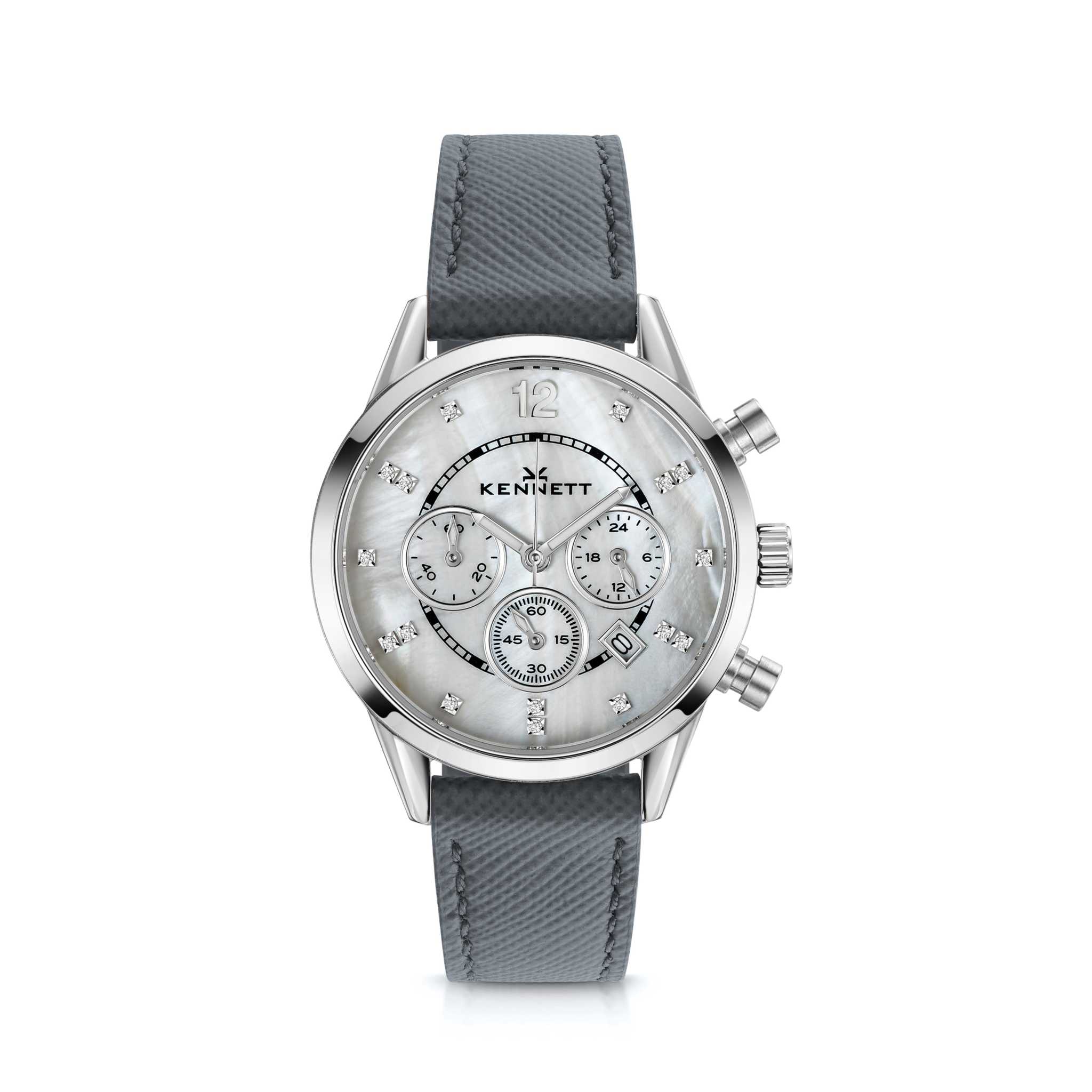 Kennett Lady Savro Watch White Mother of Pearl Dial Leather Strap in Grey Leather Saffiano Style Strap